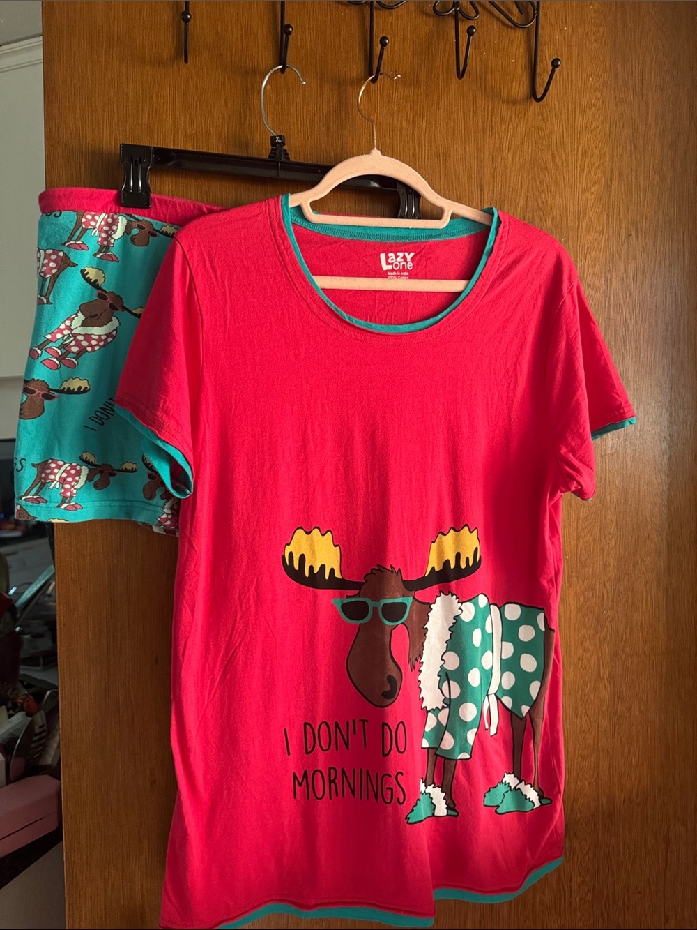 Lazy One Red Short-Sleeve Moose Pajama Set with Teal Accents